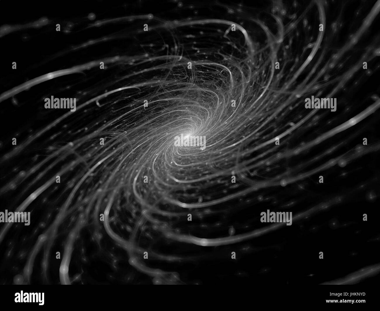 Spiral galaxy with glowing arms, black and white, computer generated abstract background, 3D rendering Stock Photo