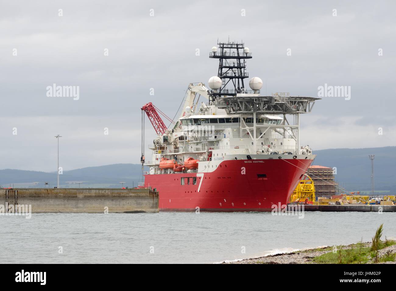 The diving vessel 'Seven Kestrel' docked at the port of Nigg on the Cromarty Firth, Easter Ross, Scotland, UK Stock Photo