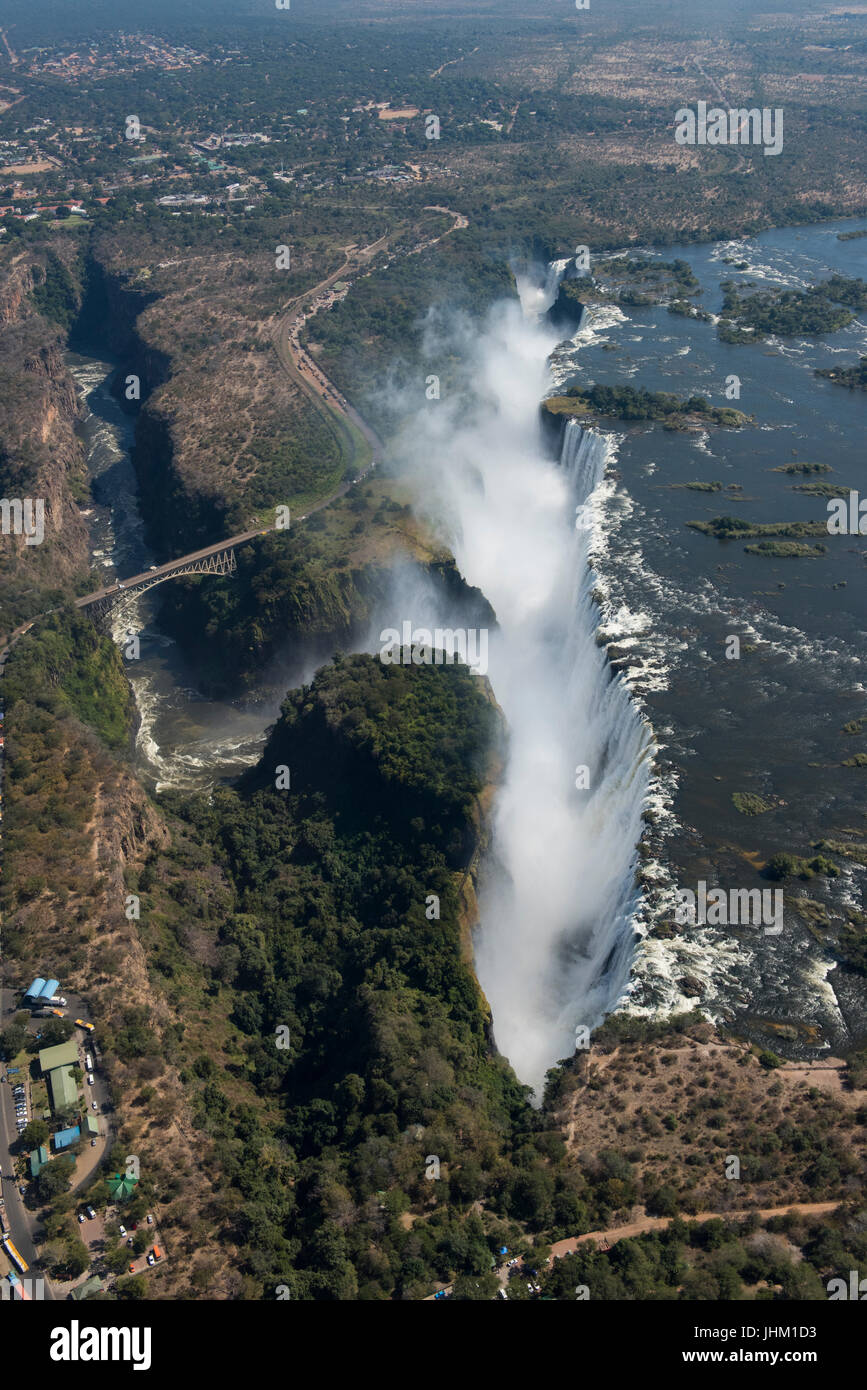 Southern Africa, at the border between Zambia and Zimbabwe. Livingston, Zambia and Victoria Falls, Zimbabwe. Aerial view of Victoria Falls, and Victor Stock Photo