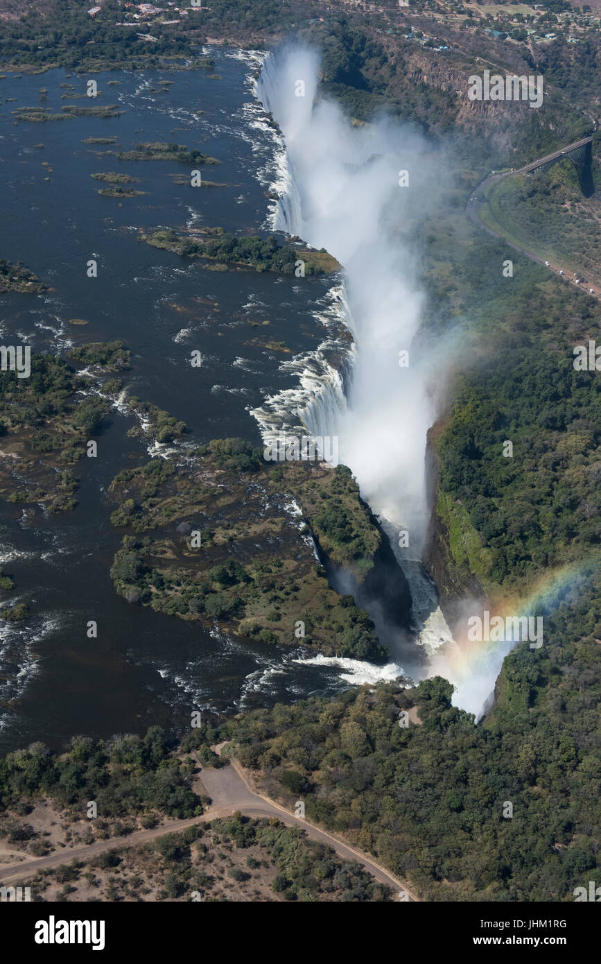 Southern Africa, at the border between Zambia and Zimbabwe. Livingston, Zambia and Victoria Falls, Zimbabwe. Aerial view of Victoria Falls, or Mosi-oa Stock Photo