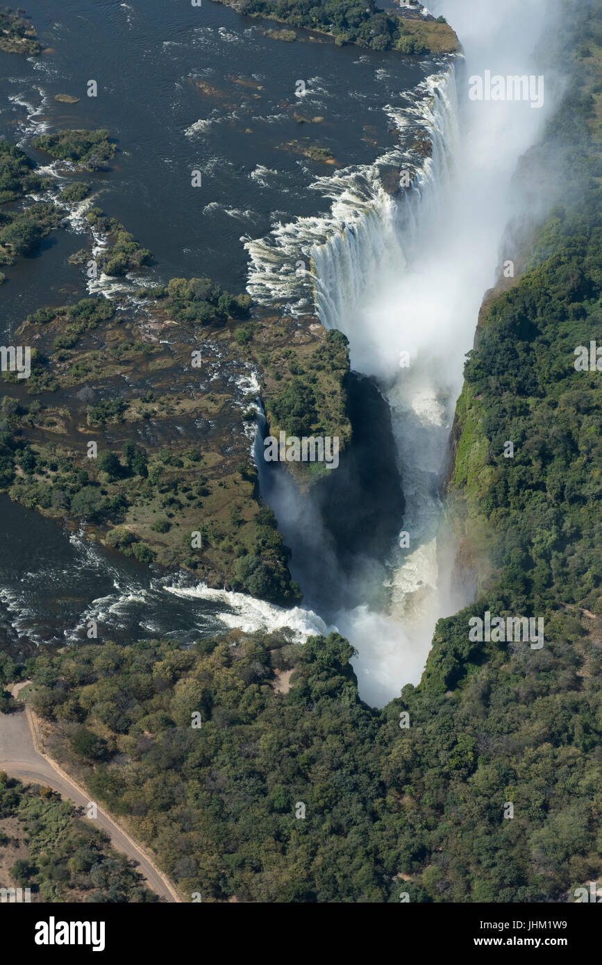 Southern Africa, at the border between Zambia and Zimbabwe. Livingston, Zambia and Victoria Falls, Zimbabwe. Aerial view of Victoria Falls, or Mosi-oa Stock Photo