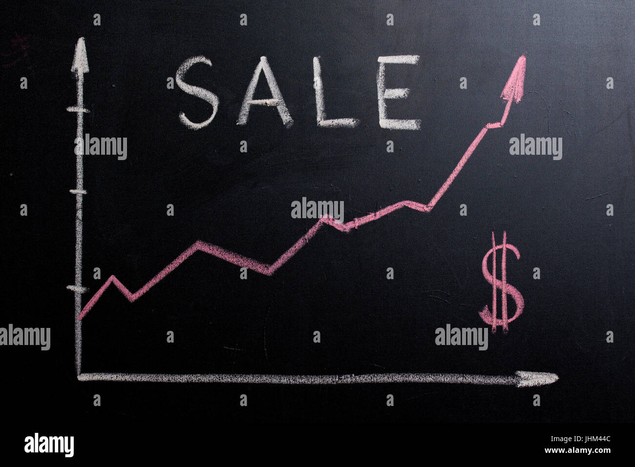 Chalk sale on the chalkboard. Chart creeping up. Stock Photo