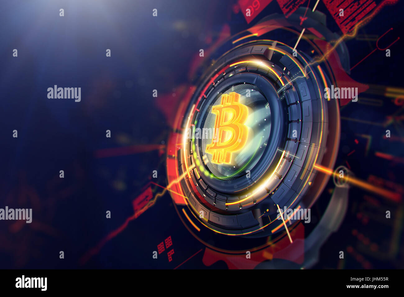 A 3D render of a macro view of a circuit board with a digital bitcoin ...