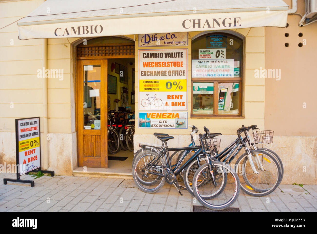 Money exchange, bicycle rental, travel agency, old town, Rovinj, Istria, Croatia Stock Photo