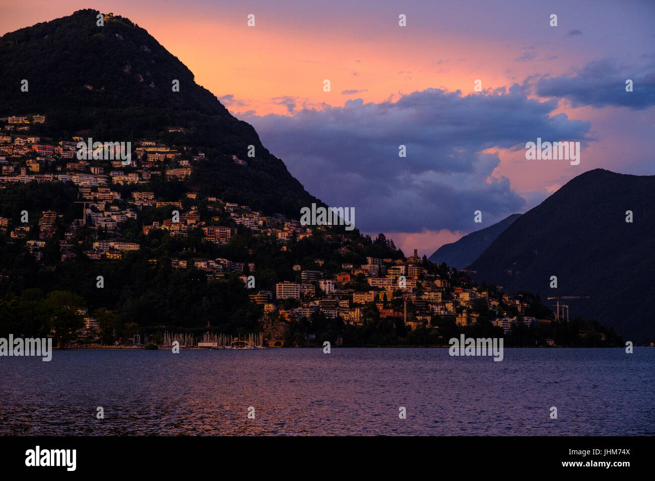 Lake of Lugano, Switzerland, at dawn Stock Photo
