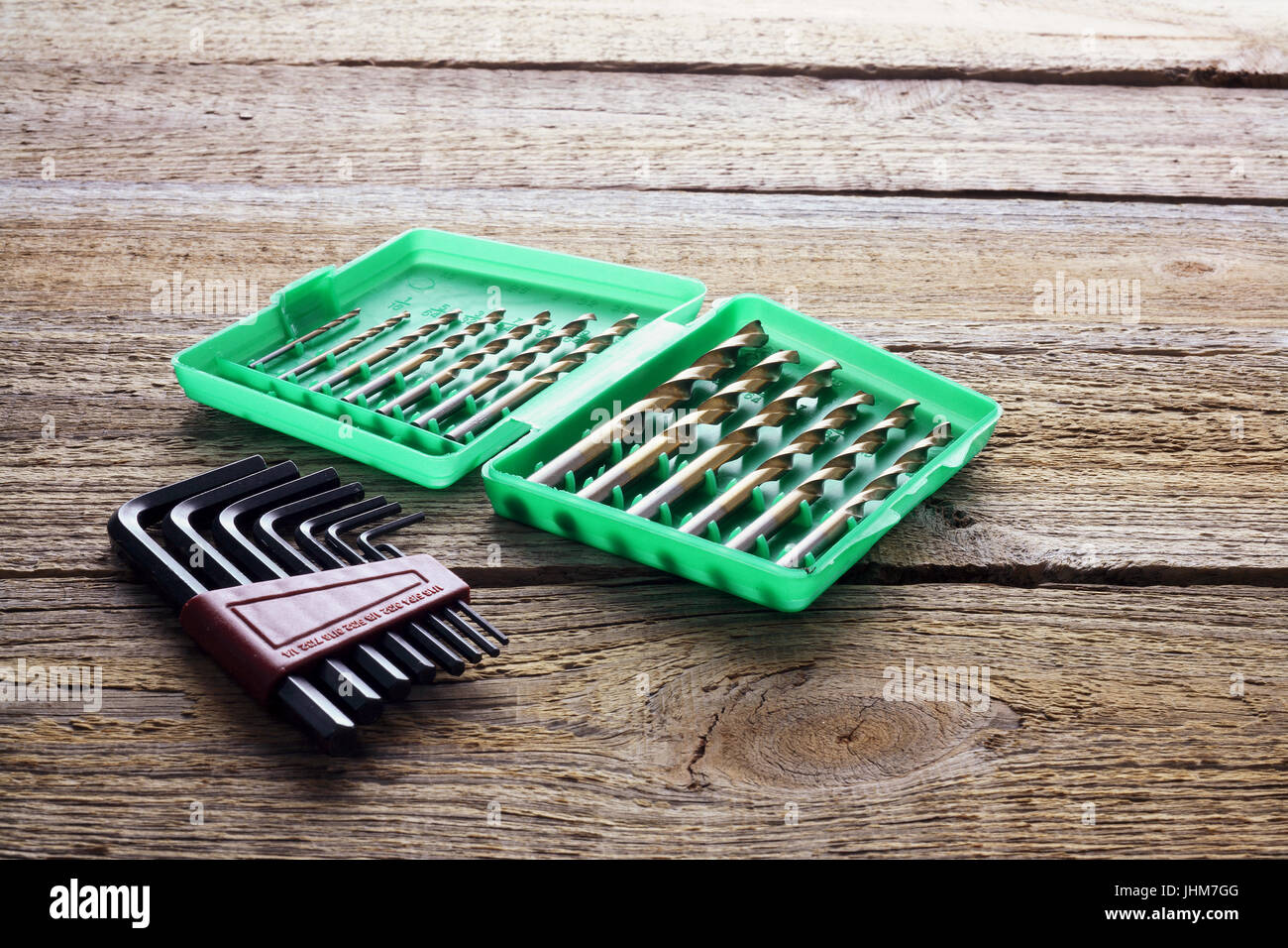 Drill Bit Set and Allen Keys on Wooden Background Stock Photo Alamy