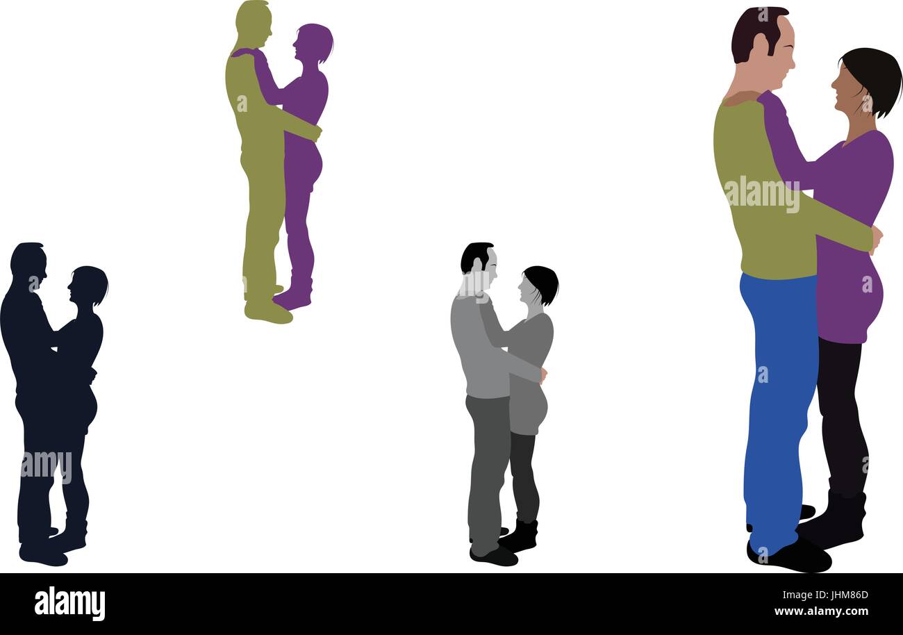 Realistic flat colored, grayscale and silhouette illustration of a hugging couple Stock Vector