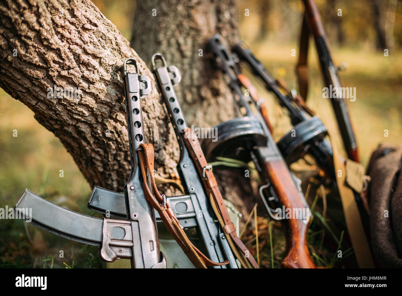 Soviet Russian Military Ammunition Weapon Of World War II. PPS-43 And PPSh-41 Submachine Gun Leaning Against Trunk Of Tree. Weapon Of Red Army. Stock Photo