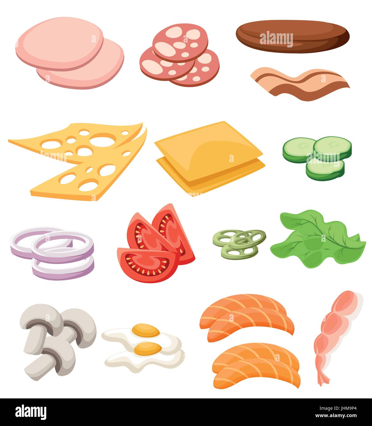Burgers set. Ingredients: buns, cheese, bacon, tomato, onion, lettuce, cucumbers, pickle onions, beefs, ham. Vector illustration. toppings sandwich We Stock Vector