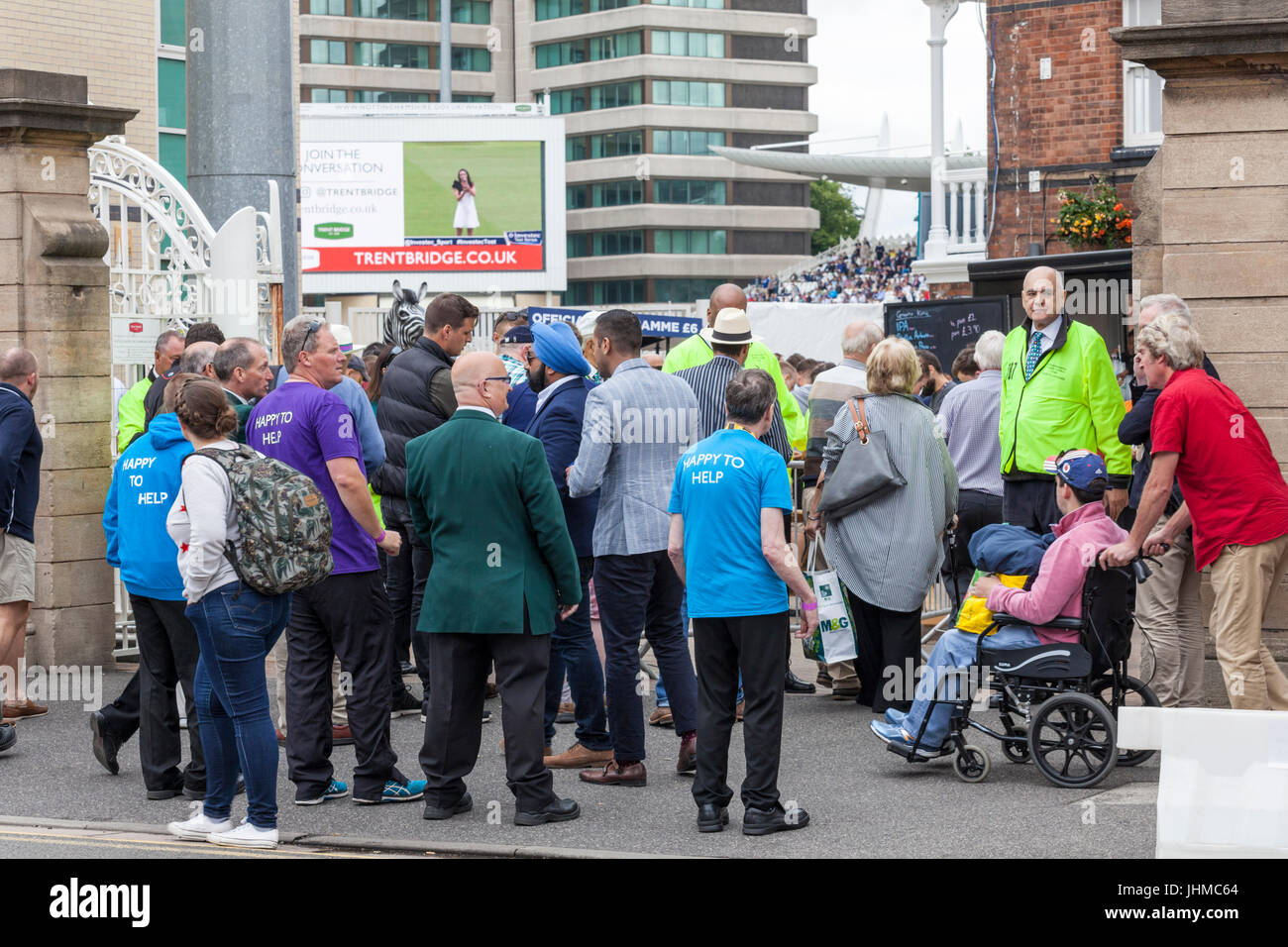 Trent Bridge, West Bridgford, Nottinghamshire, UK. 14th July 2017. Spectators arrive for the second Cricket test match between England and South Africa. Security around the ground was increased following recent events. Credit: Martyn Williams /Alamy Live News Stock Photo