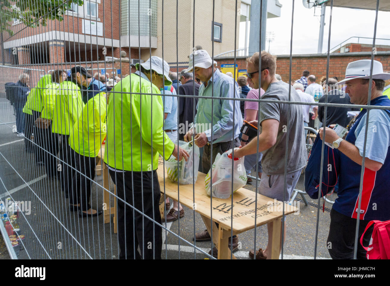Trent Bridge, West Bridgford, Nottinghamshire, UK. 14th July 2017. Spectators arrive for the second Cricket test match between England and South Africa. Security around the ground was increased following recent events. Credit: Martyn Williams /Alamy Live News Stock Photo