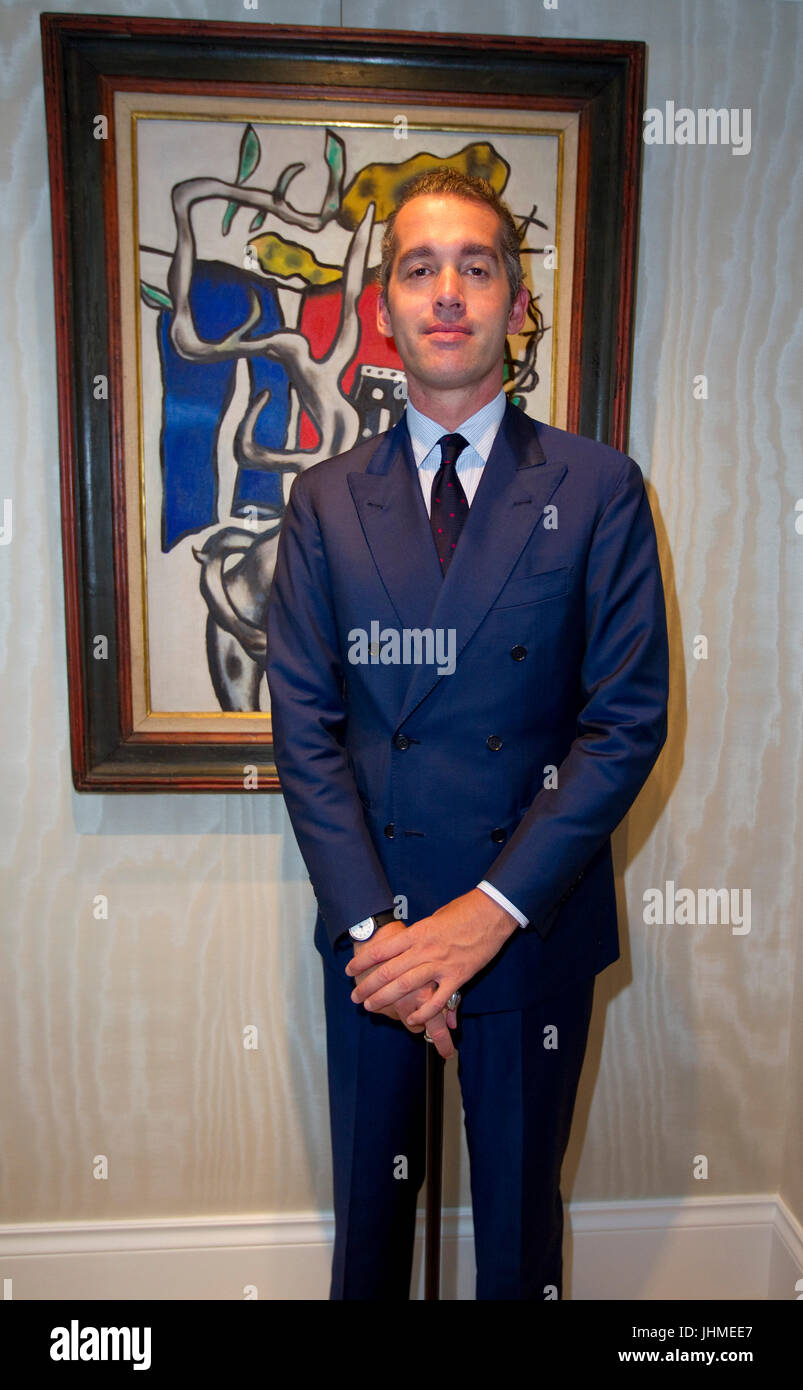 Monaco, Monaco. 13th July, 2017. Monaco, Monte Carlo - July 13, 2017: Art Gallery Moretti in Monaco presents Modern Art in collaboration with Experts from Dickinson, London: Owner Fabrizio Moretti with Art from Fernand Leger, Le Tapis Rouge dans le paysage from 1952 | usage worldwide Credit: dpa/Alamy Live News Stock Photo