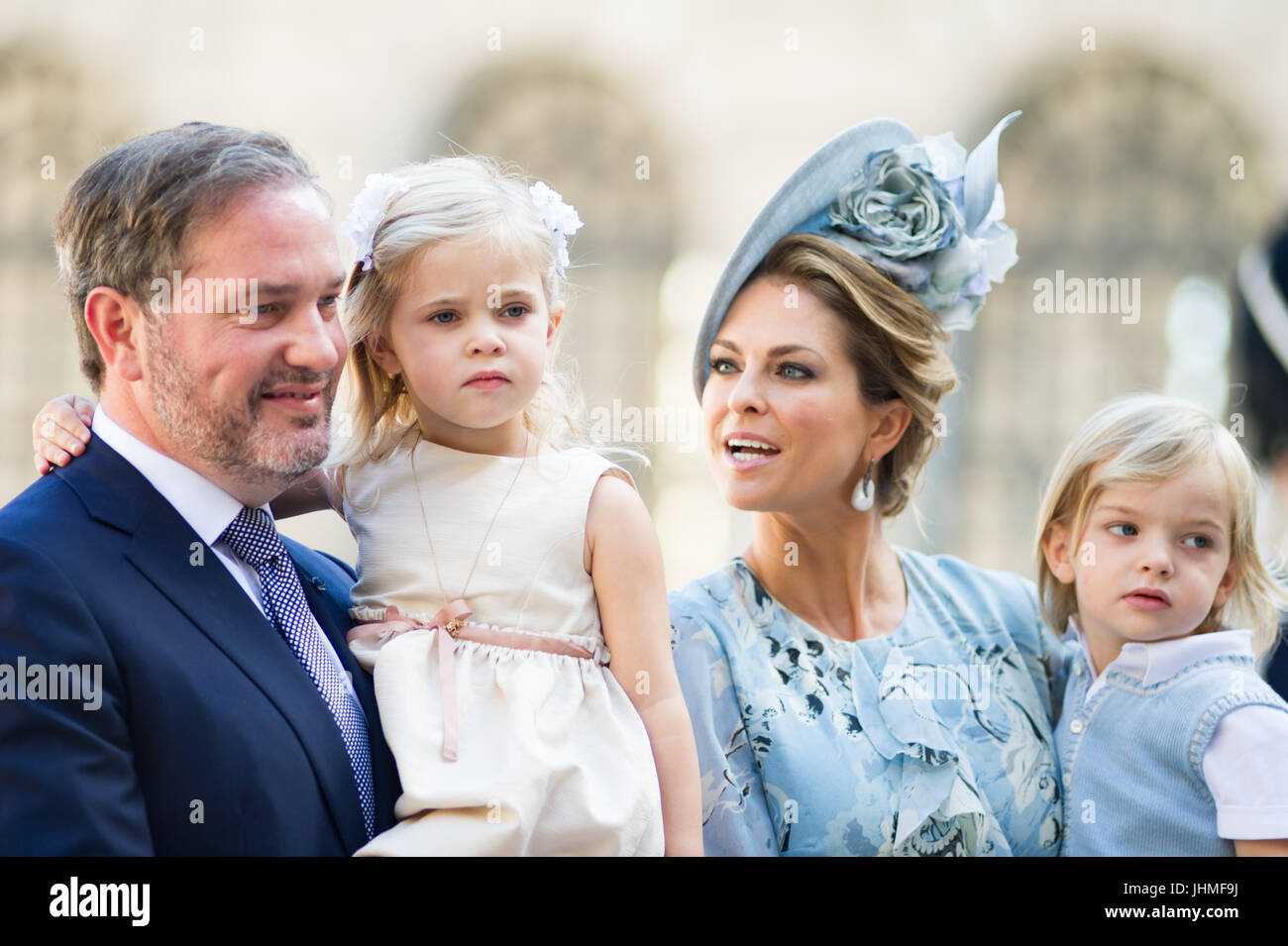 Inner Courtyard, The Royal Palace, Stockholm, Sweden, July 14, 2017. Crown Princess Victoria of Sweden’s 40th birthday will be celebrated over a two-day period in Stockholm and Öland. On Friday, 14 July, the celebration starts in Stockholm. The entire Swedish Royal Family is expected to be at the celebrations on both days.Mr Christopher O'Neill, Princess Leonore, Princess Madeleine, Prince Nicolas. Credit: Barbro Bergfeldt/Alamy Live News Stock Photo