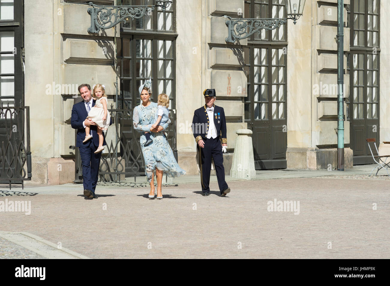 Inner Courtyard, The Royal Palace, Stockholm, Sweden, July 14, 2017. Crown Princess Victoria of Sweden’s 40th birthday will be celebrated over a two-day period in Stockholm and Öland. On Friday, 14 July, the celebration starts in Stockholm. The entire Swedish Royal Family is expected to be at the celebrations on both days. Mr Christopher O'Neill, Princess Leonore, Princess Madeleine, Prince Nicolas. Credit: Barbro Bergfeldt/Alamy Live News Stock Photo