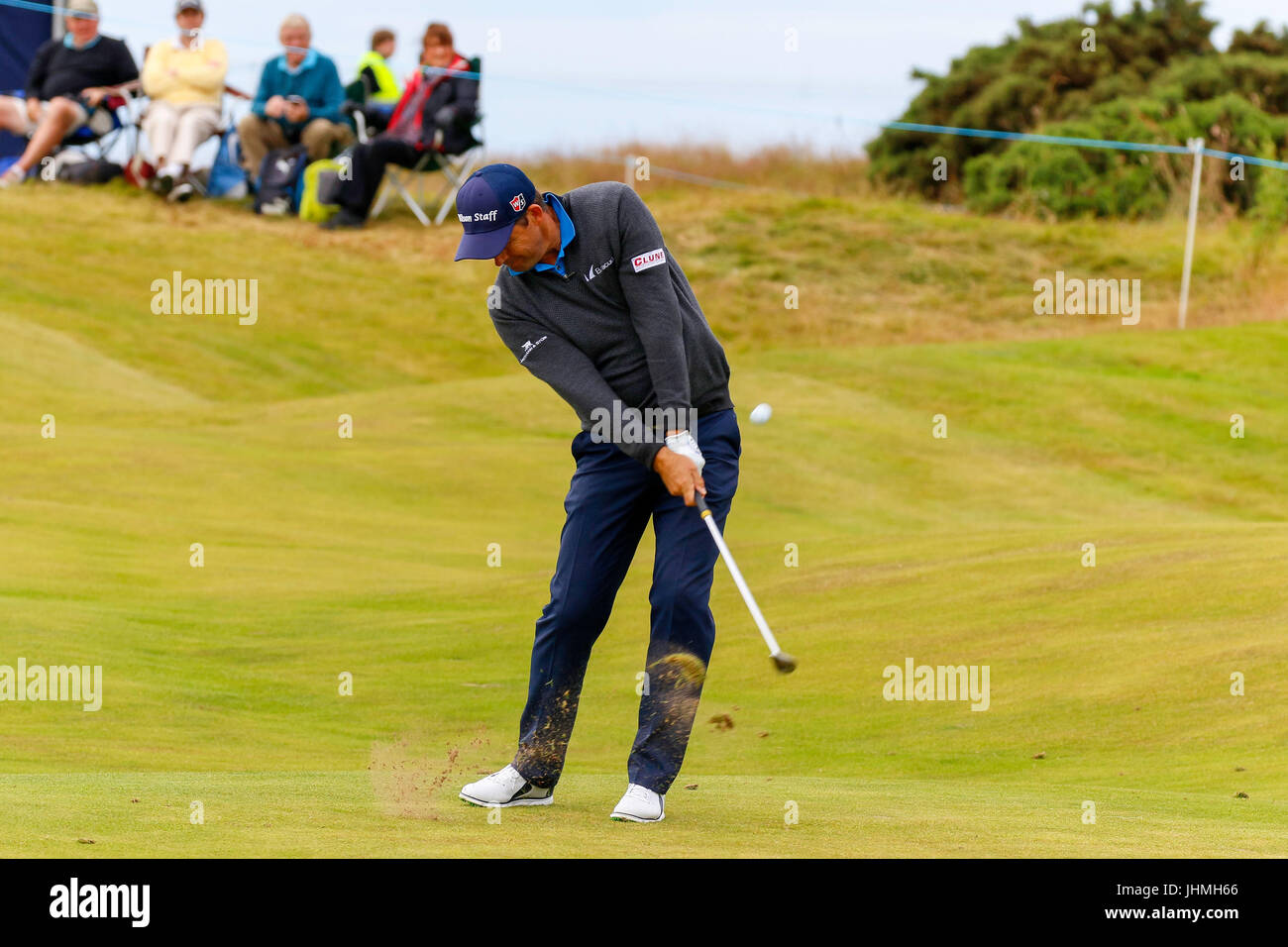 Irvine, Ayrshire, Scotland, UK. 14th July, 2017. On the second day of the Scottish Open, players were hoping to play well and make the cut. After the calm weather on the first day some players were finding the conditions of strong winds and links style golf difficult while others played better than on the first round. Credit: Findlay/Alamy Live News Stock Photo