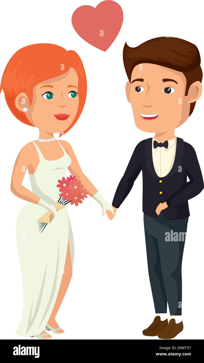 cartoon happy wedding couple and heart icon over white background ...