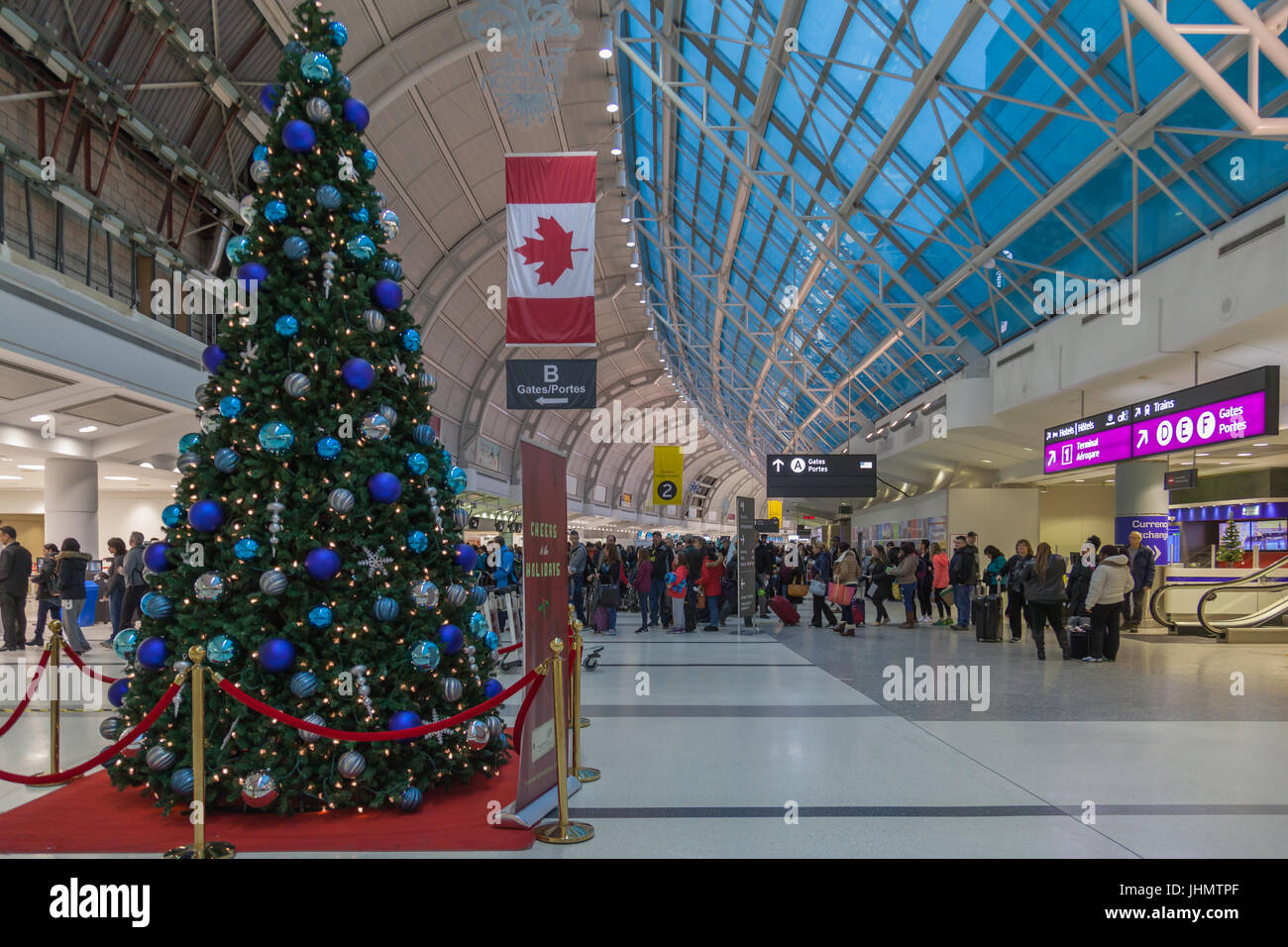 Christmas tree lighting up in Toronto Pearson Airport. Pearson Airport is the largest and busiest airport in Canada Stock Photo