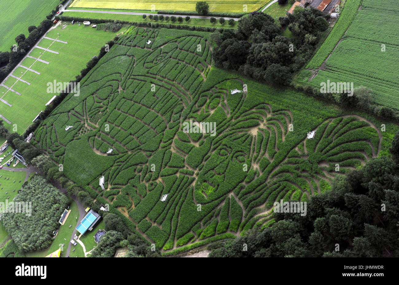 An aerial view of what is believed to be the world's biggest Star Wars fan art, a giant maze cut by farmer Tom Pearcy from his 18 acre field of maize plants near York to mark the 40th anniversary of Star Wars. Stock Photo