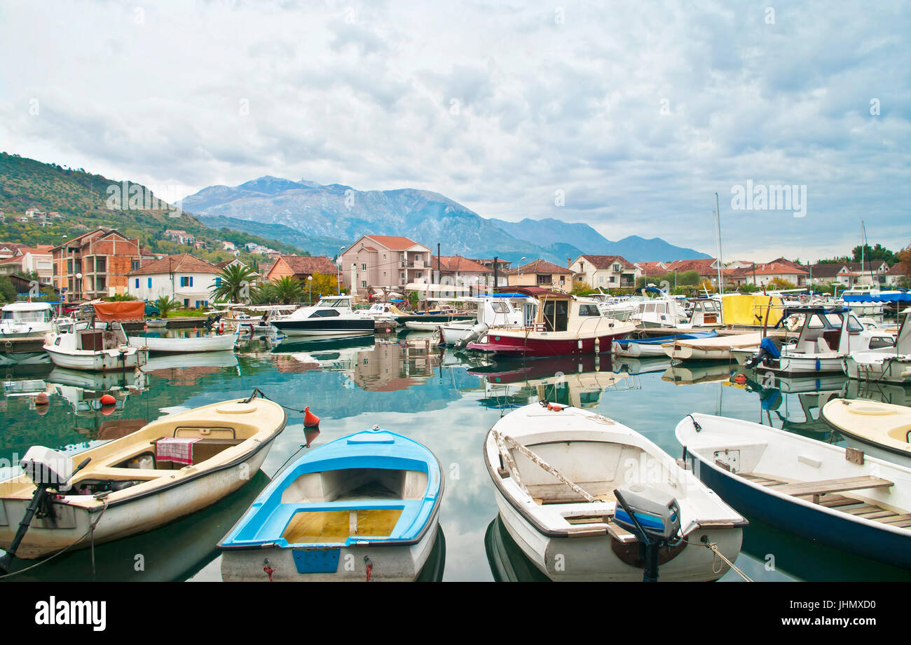 marina in Tivat on cloudy day, Montenegro Stock Photo