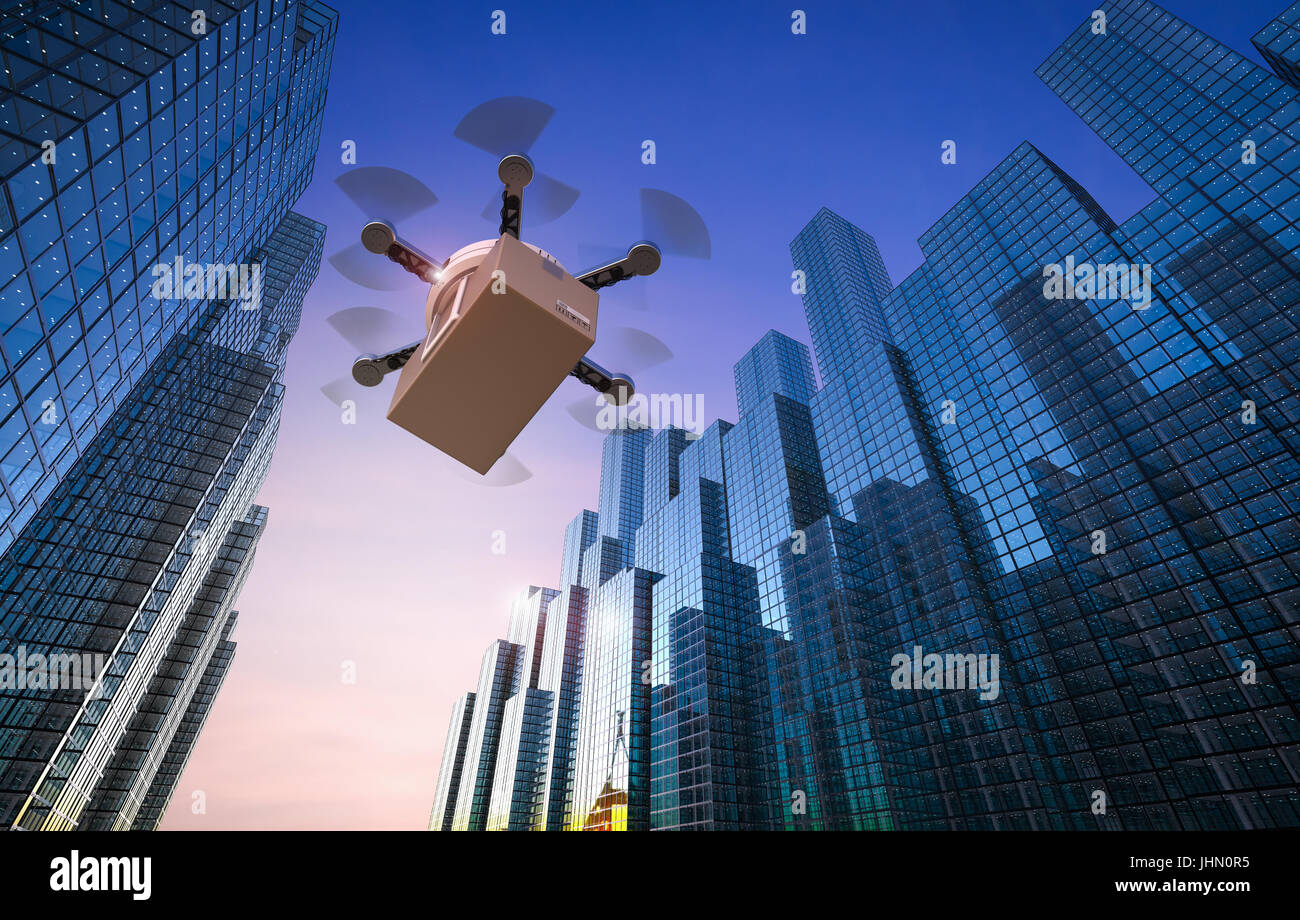 3d rendering delivery drone flying in urban city Stock Photo - Alamy