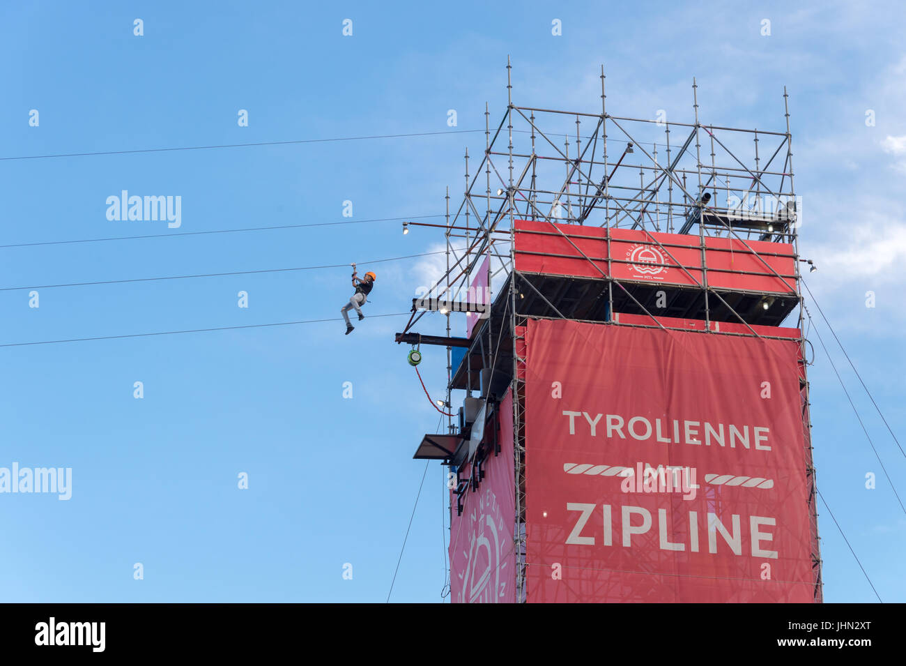 Montreal, 13 July 2017: MTL zipline in Montreal Old Port. Stock Photo