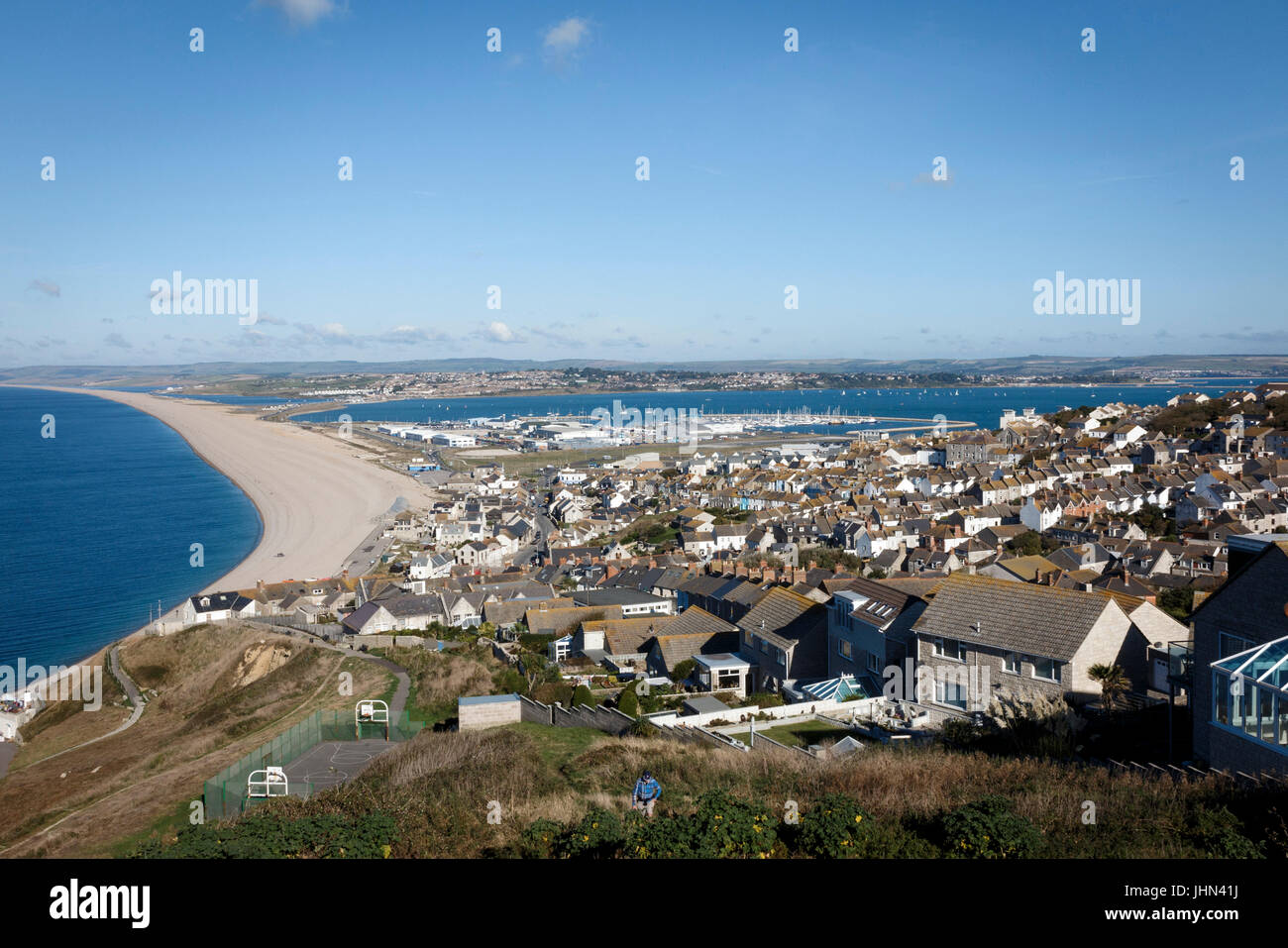View of chesil beach and fortuneswell from portland bill hires stock