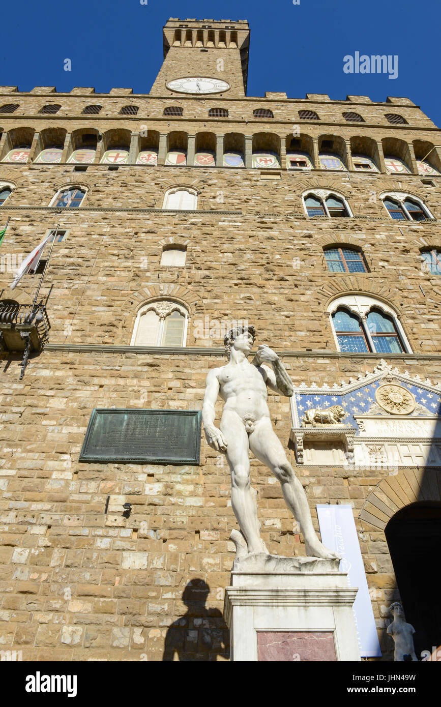 David statue in front of Palazzo Vecchio the town hall at Florence on