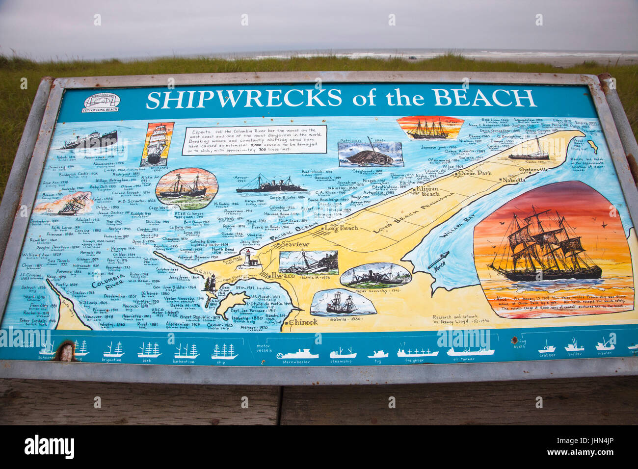 Shipwrecks map, Mouth of the river Columbia, Long Island, Washington state, USA, America Stock Photo