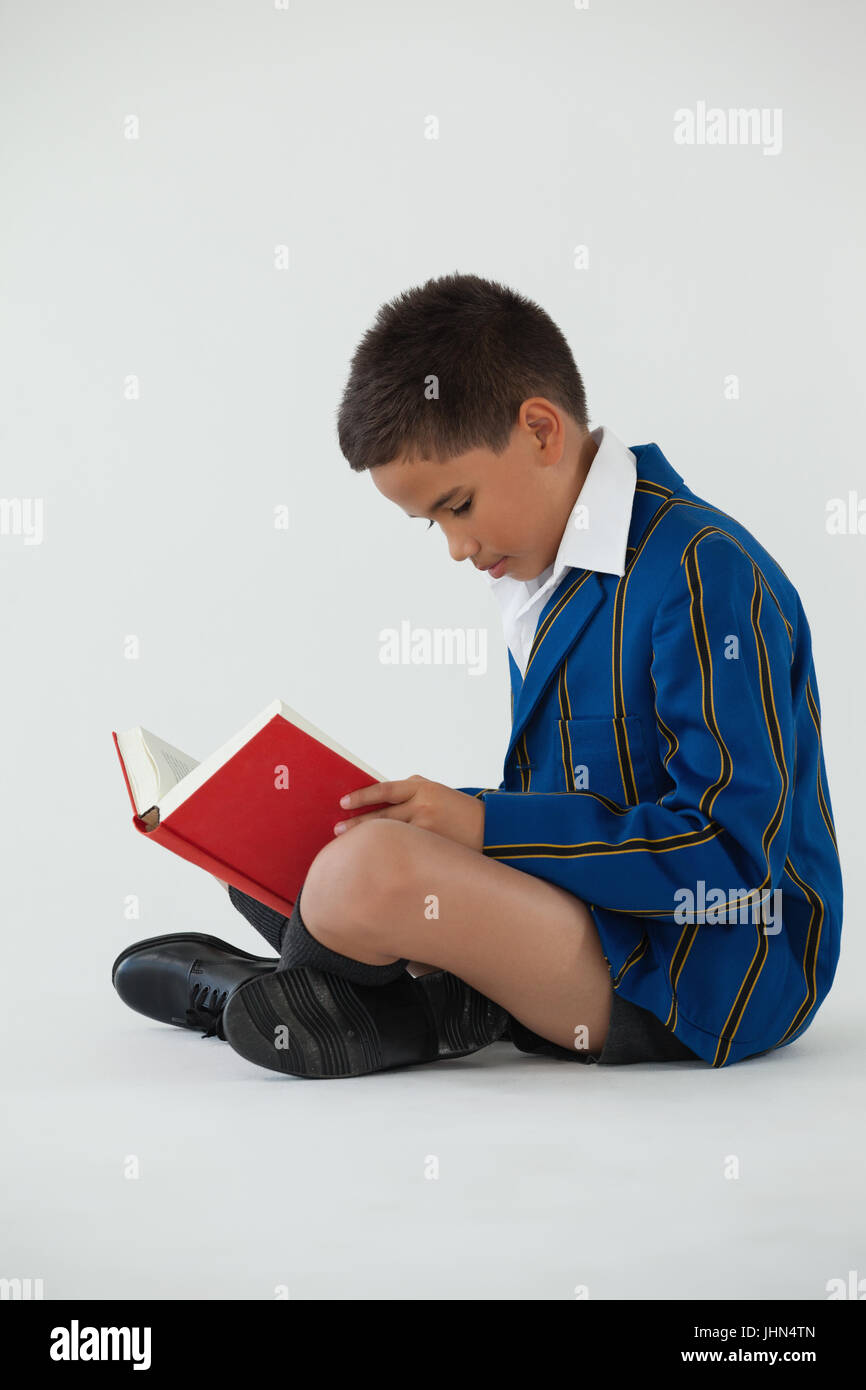 Attentive schoolboy reading book on white background Stock Photo - Alamy