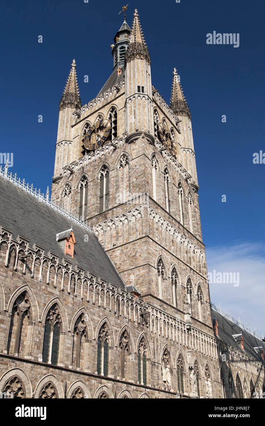 Belfry of the Cloth Hall of Ypres, West Flanders, Belgium. Stock Photo