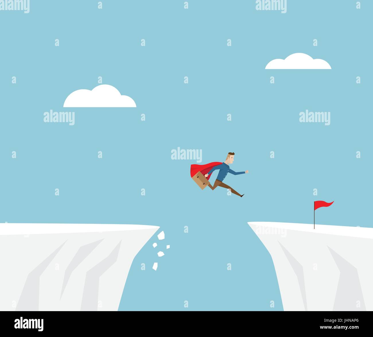 businessman in red cape jumping to success with red flag at cliff, business concept cartoon vector illustration Stock Vector