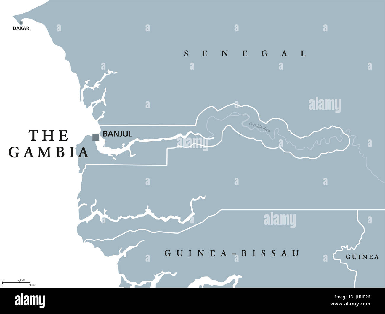 The Gambia political map with capital Banjul. Republic and country in West Africa, surrounded by Senegal except Atlantic ocean coastline. Illustration Stock Photo