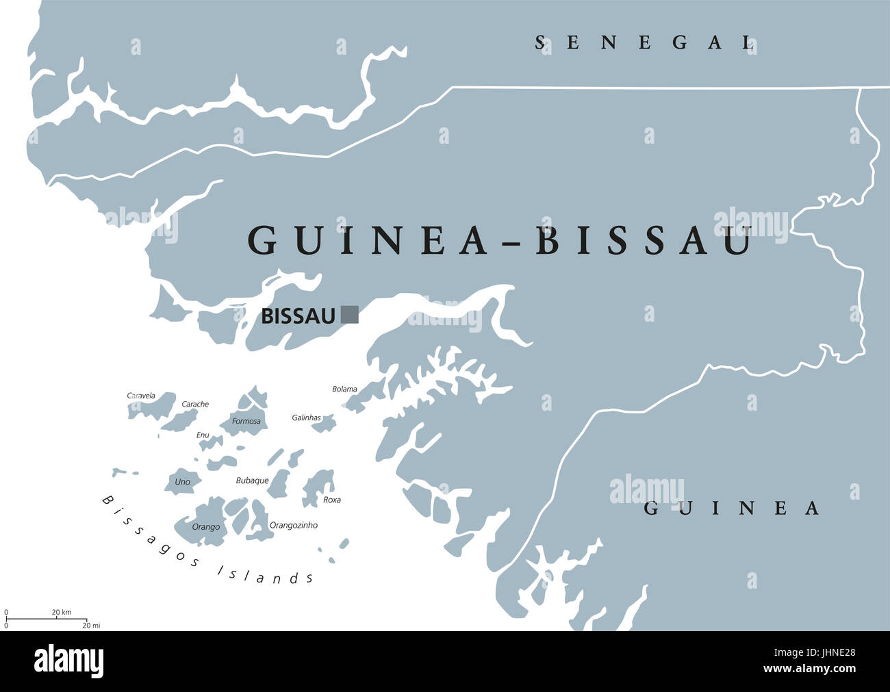 Guinea-Bissau political map with capital Bissau, international borders and neighbors. Republic and country in West Africa. Gray illustration. Stock Photo