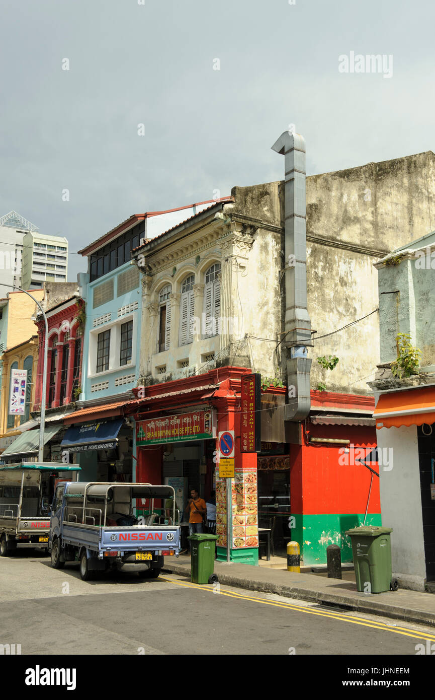 Typical architecture of shophouses along Rowell Road, LIttle India, Singapore Stock Photo