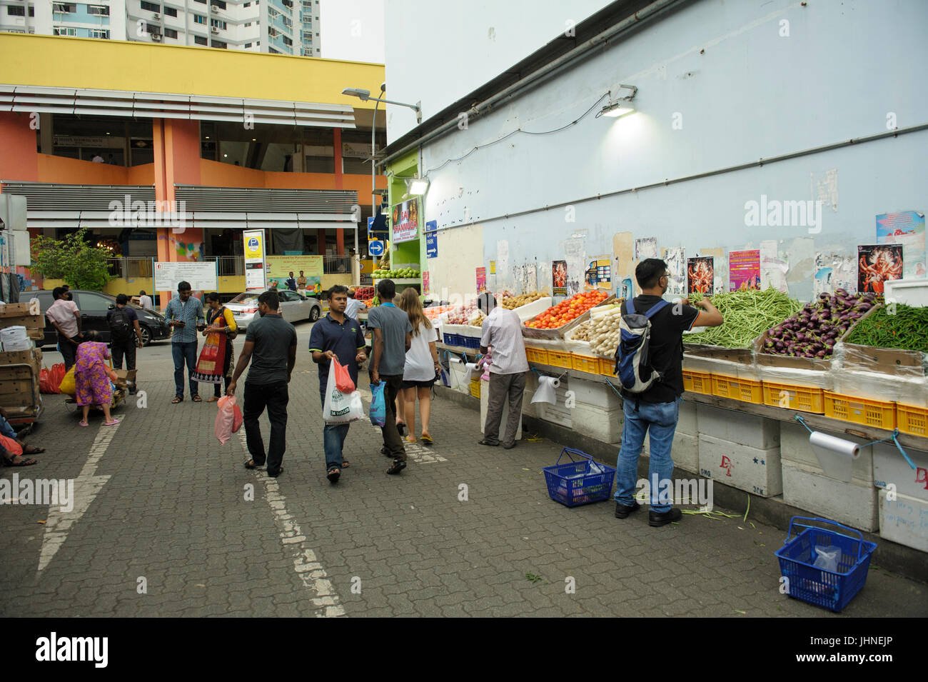 Street stalls selling a range of fresh fruit and vegetables, Little India, Singapore Stock Photo