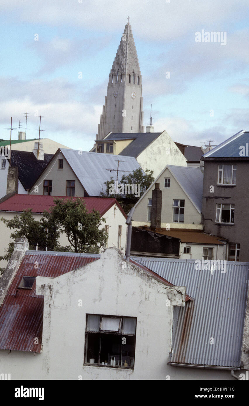 ICELAND Reykjavik the Cathedral tower over the Citys rooftops 2007 Stock Photo