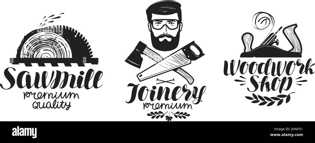 Joinery, sawmill label set. Woodwork shop icon or logo. Handwritten