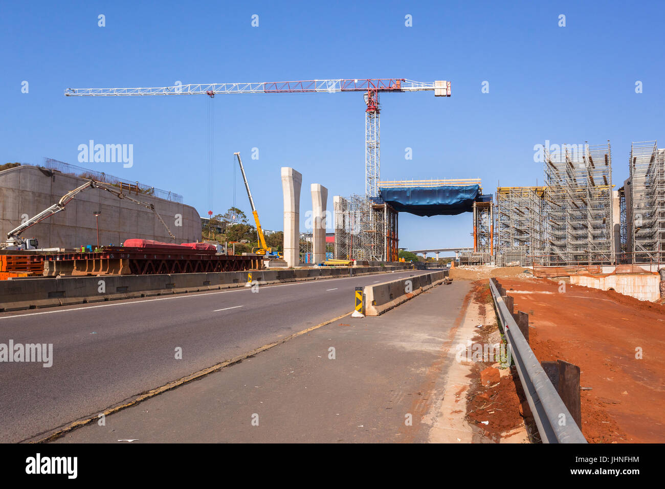 New Bridge construction crane steel scaffolding supports on building