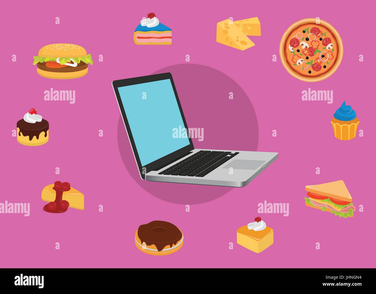 Computer Creating Food Movie order online food user laptop computer with various food vector Stock ...