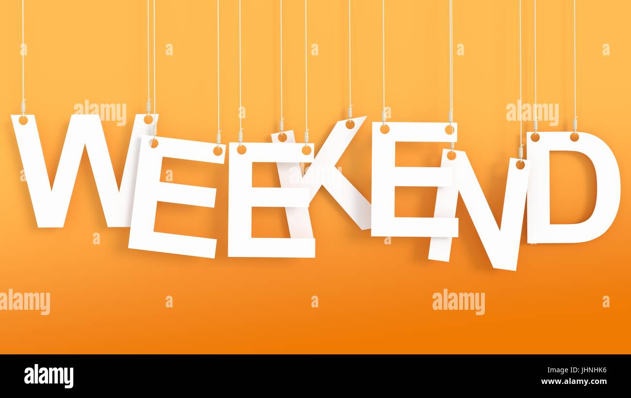 Weekend hanging letters over orange background Stock Photo