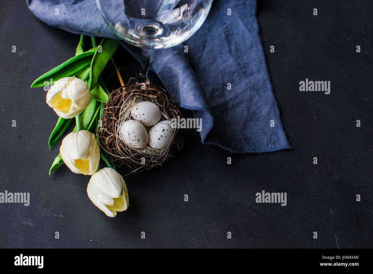 Easter frame with tulips and easter eggs on dark background Stock Photo ...