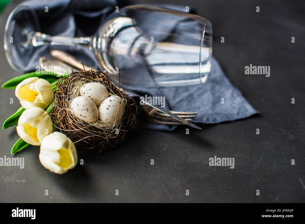 Easter frame with tulips and easter eggs on dark background Stock Photo ...