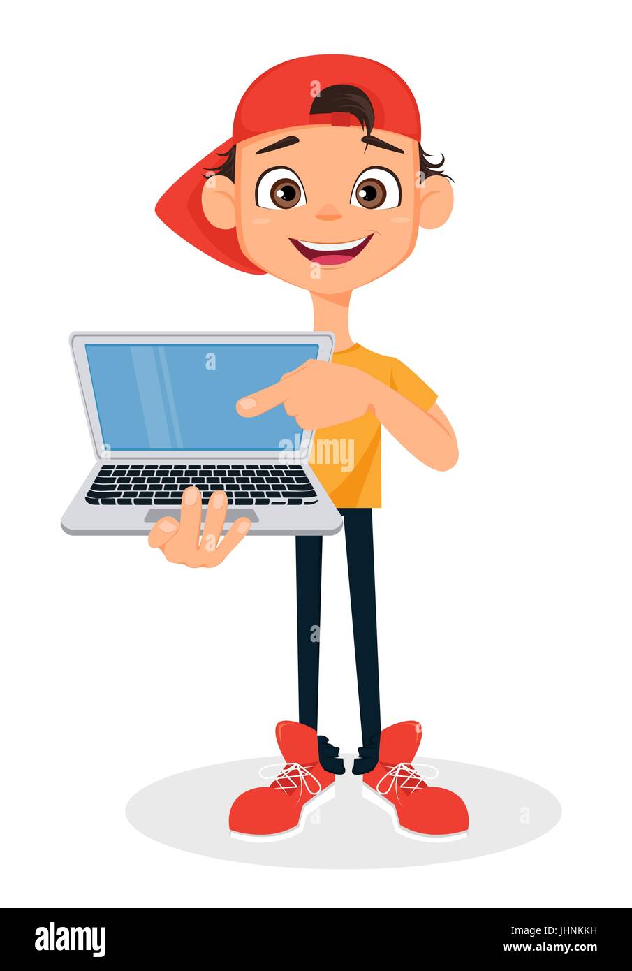 Cool boy in cap holding laptop. Cute cartoon character. Vector illustration. Stock Vector