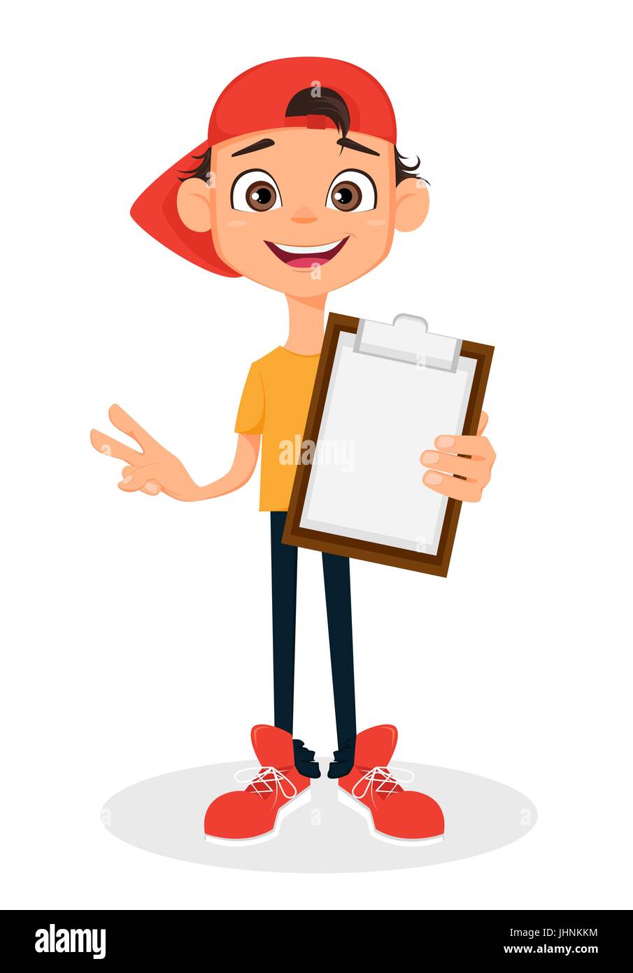 Cool boy in cap holding clipboard. Cute cartoon character. Vector illustration. Stock Vector