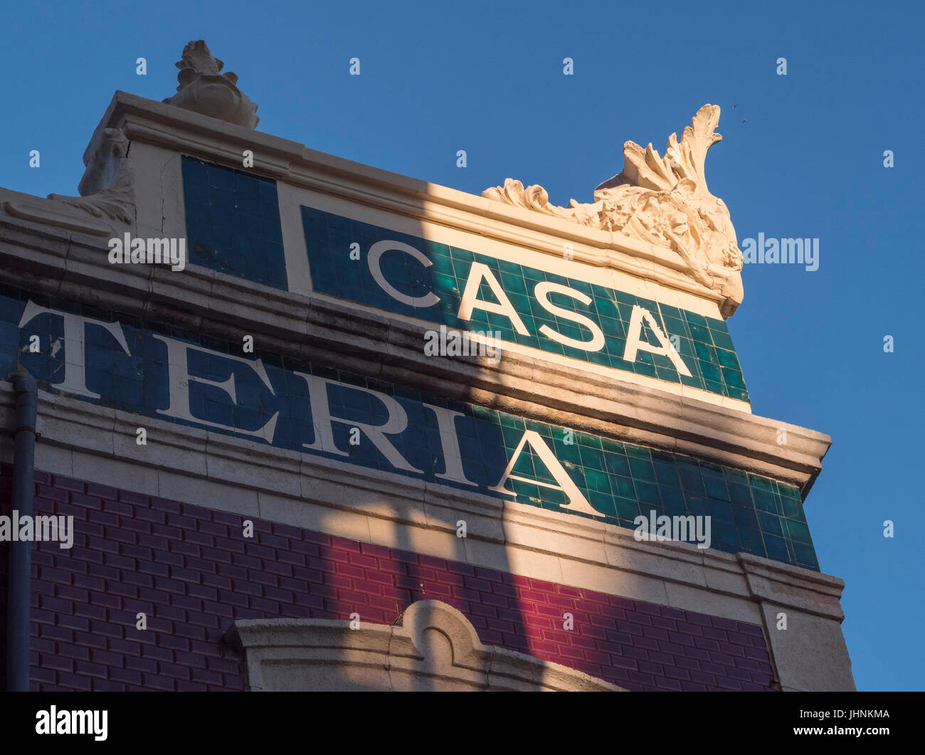 detail of cornice of palace of epoch close to the seafront, to the evening in Almeria, Andalusia, Spain Stock Photo