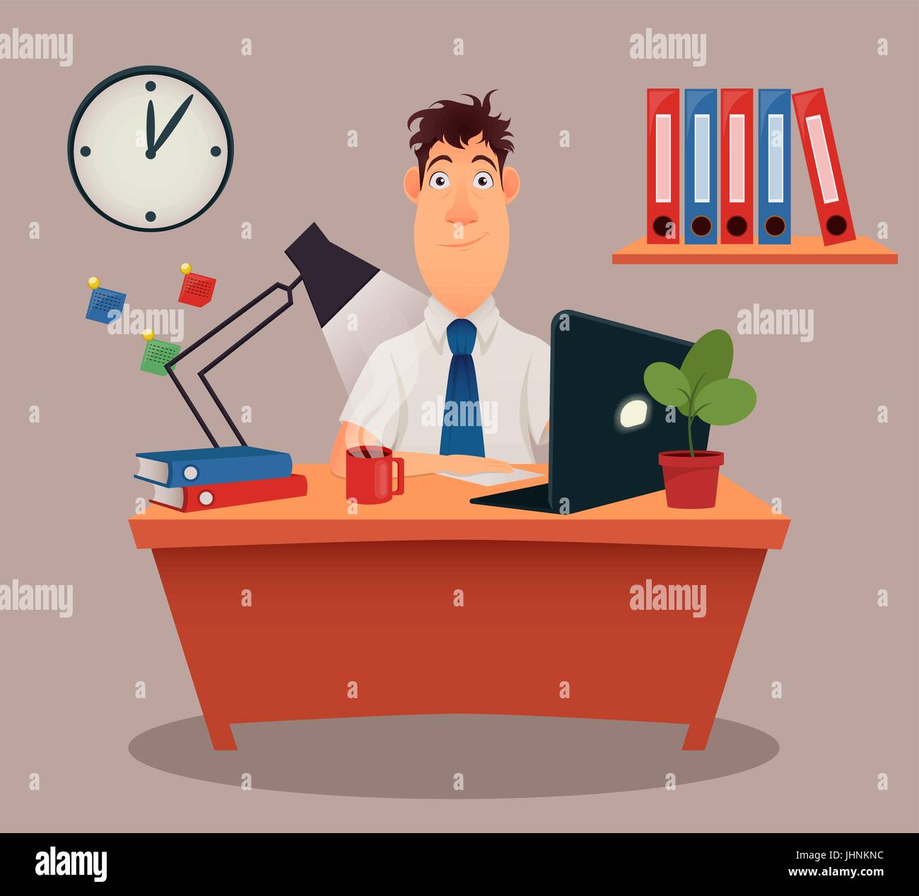 Businessman, office worker. Modern creative young man sitting at the table, working with a laptop. Cartoon cute design. Flat style. Colorful vector il Stock Vector