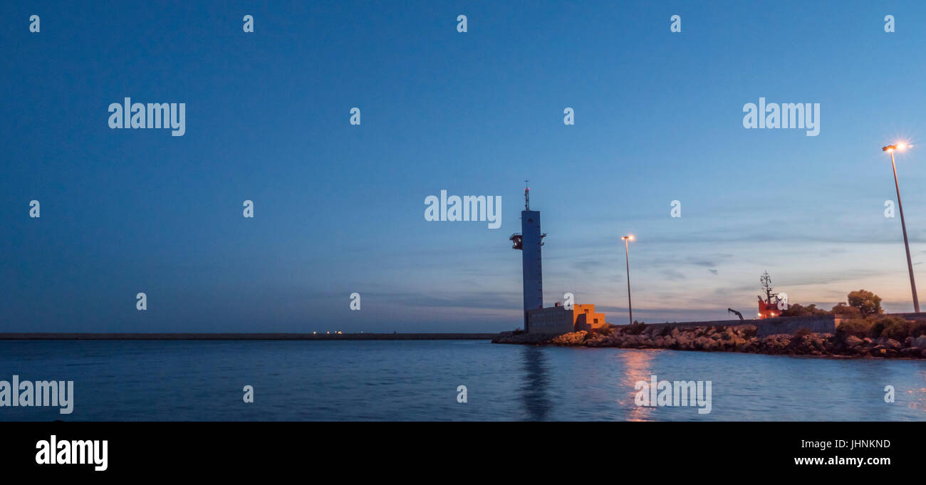 Panoramic view of the sea port and commercial Almería at night, Almeria