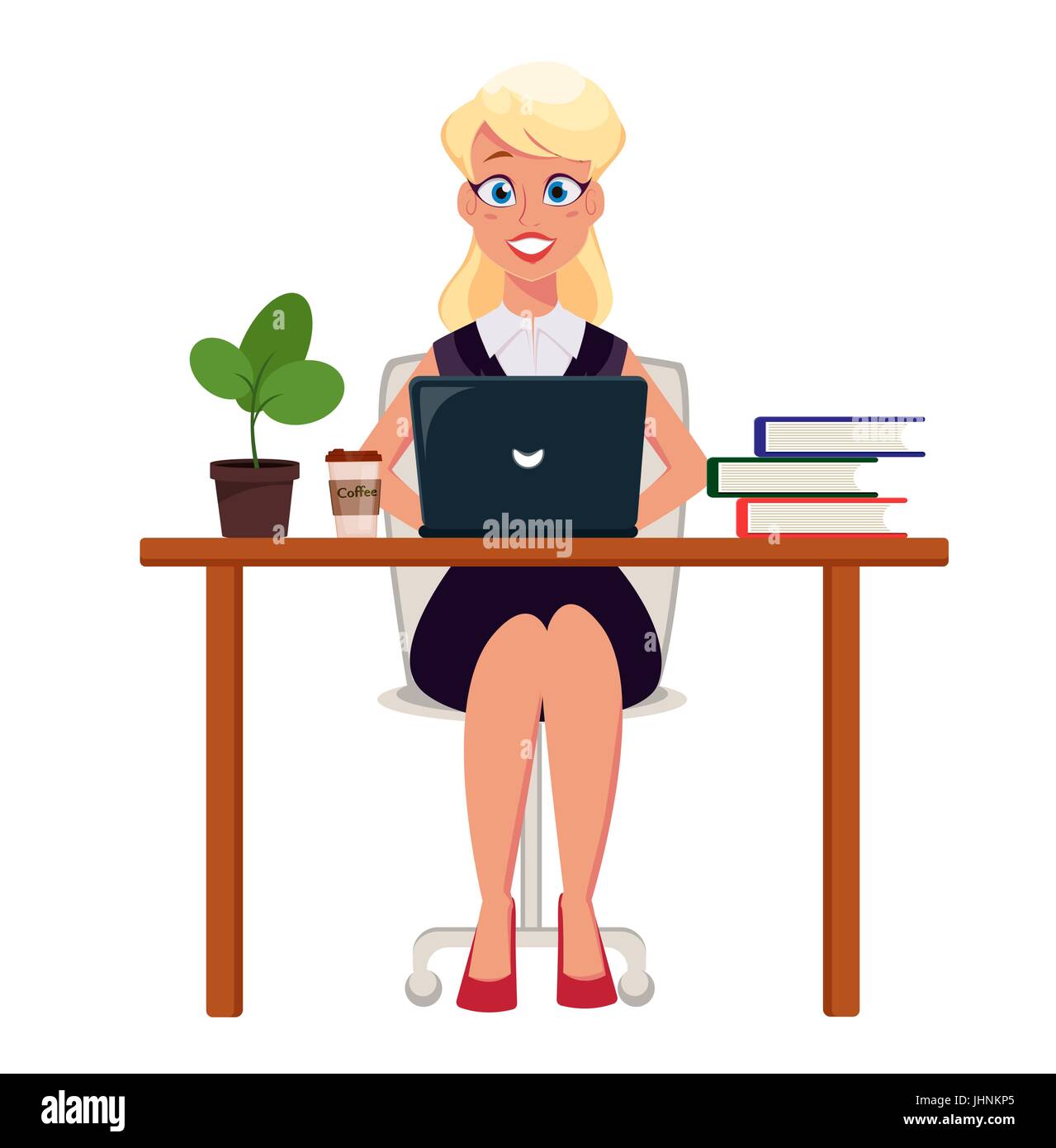 Business woman entrepreneur working on laptop at her office desk. Cute cartoon character. Modern color vector illustration. Stock Vector