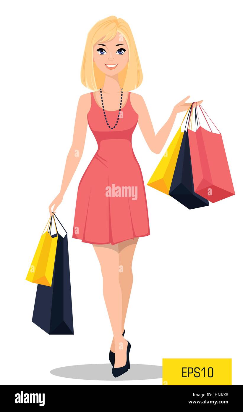 Beautiful woman with bags. Attractive cartoon girl in beautiful dress on a  shopping spree. Vector illustration Stock Vector Image & Art - Alamy