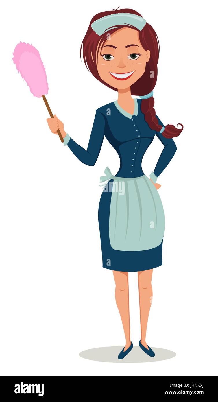 Cute smiling girl dressed in classic French maid clothes, holding dust brush. Cheerful cartoon character. Cleaning service advertisement. Vector illus Stock Vector